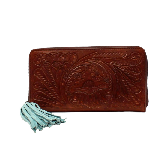 Ariat Ladies Claire Floral Embossed Turquoise & Brown Leather Clutch Wallet A770010608