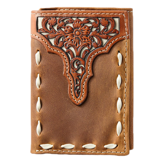 Ariat Trifold Floral tooled Medium Brown Leather Wallet A3547244