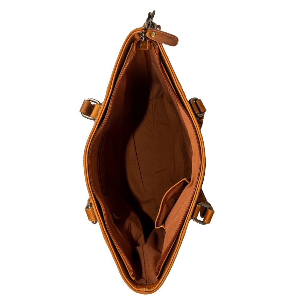 Load image into Gallery viewer, Myra Bag Ladies Tarragon Brown Leather &amp;amp; Cowhide Tote Bag  S-8139
