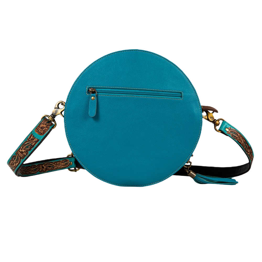 Myra Bag Desert Rain Hand Tooled Brown Leather & Blue Round Bag S-8097
