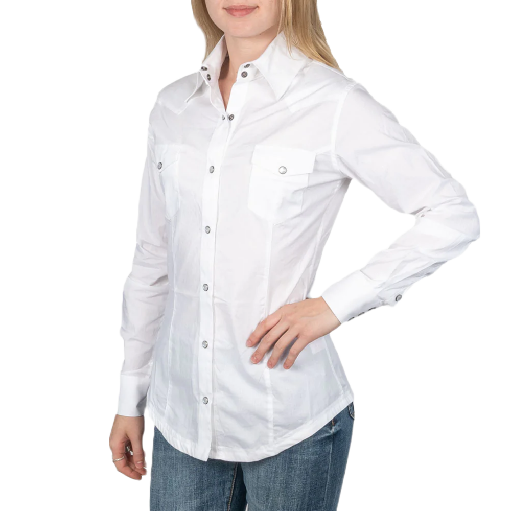Panhandle Ladies Solid Stretch Poplin White Snap Up Shirt PSWSOSRZ2N-15