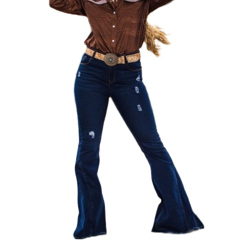 L&B Ladies Dark Wash Distressed Extreme Flare Jeans L18018-DW