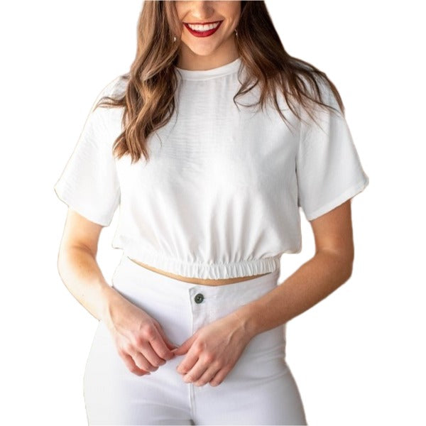 Load image into Gallery viewer, L&amp;amp;B Ladies Smocked Waist Short Sleeve Ivory Cropped T-Shirt MTO16-IVO

