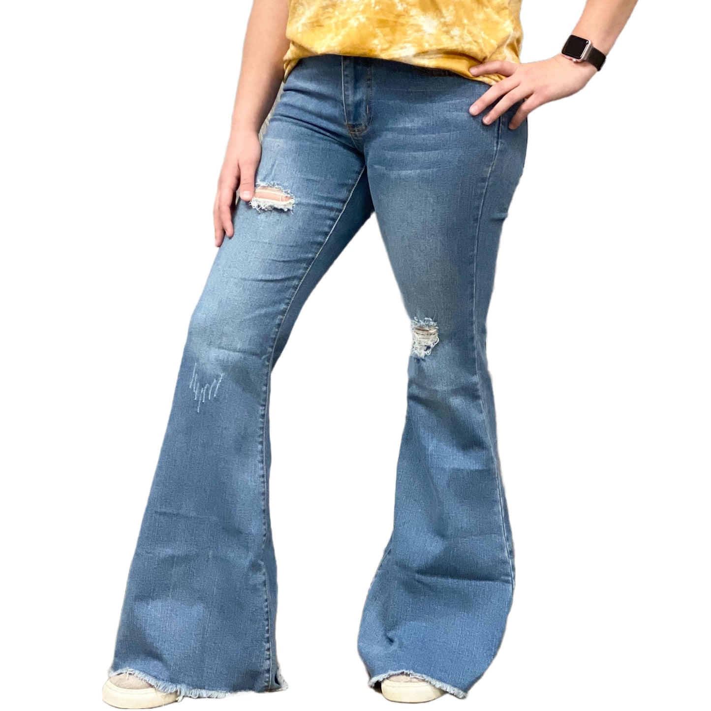 L&B Ladies Distressed Detail Mid Rise Stone Wash Flare Jeans EM260