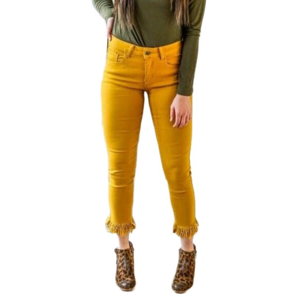 L&B Ladies Mustard Mid Rise Frayed Hem Skinny Jeans L19006-MD