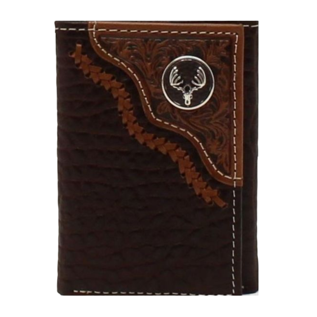 Nocona Men's Rodeo Deer Skull Overlay Brown Tri-fold Wallet N500031002