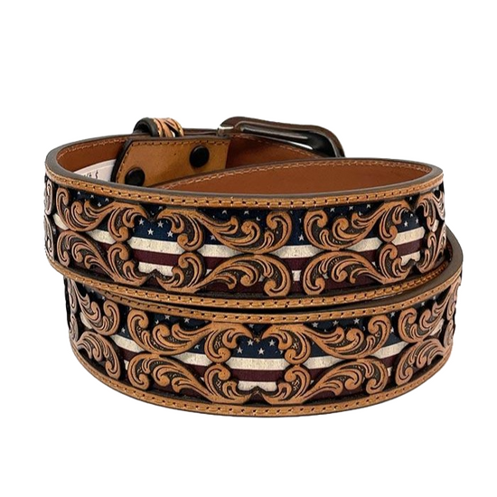 3D Men's Floral Tooled American Flag Inlay Leather Belt D100012408