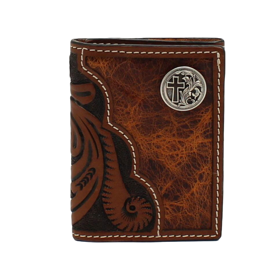 3D Men's Floral Tooled With Cross Concho Trifold Wallet D250001402