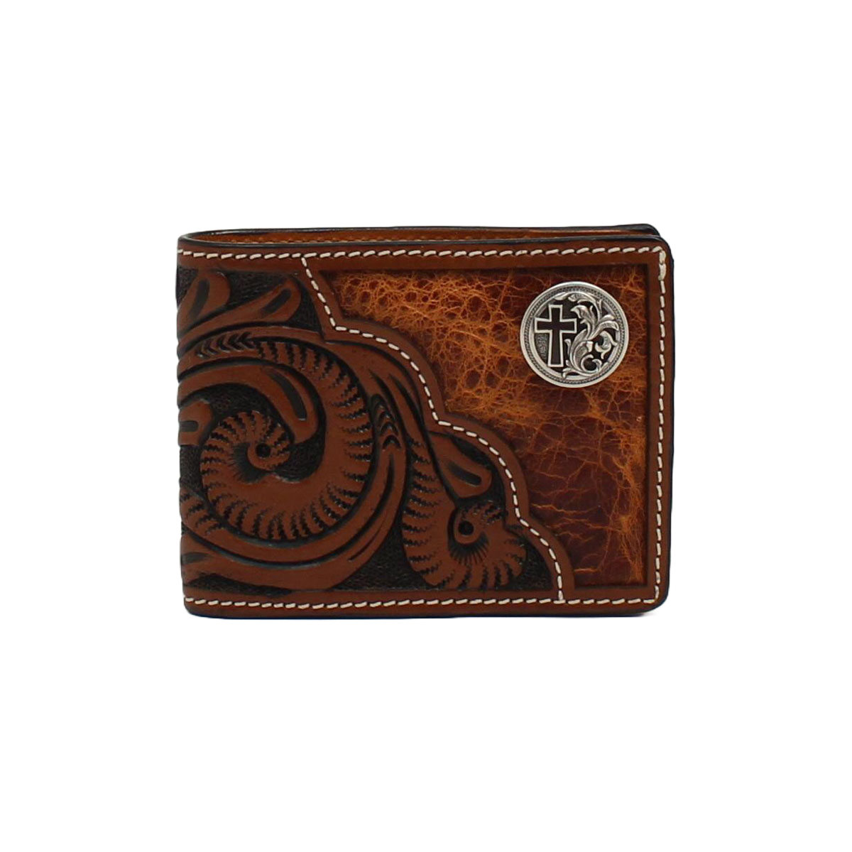 3D Men's Floral Tooled With Cross Concho Bifold Wallet D250001502