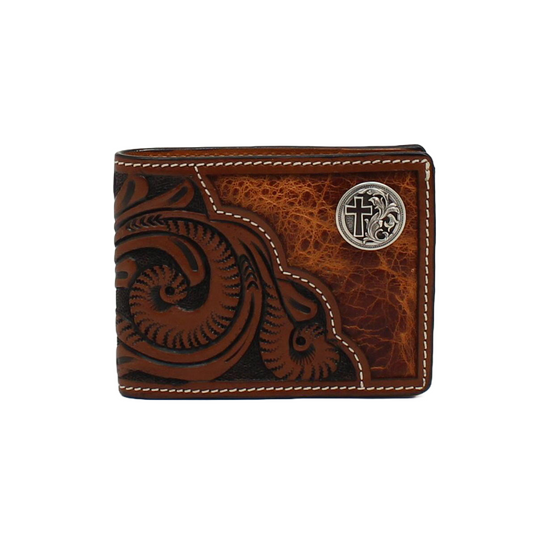 3D Men's Floral Tooled With Cross Concho Bifold Wallet D250001502