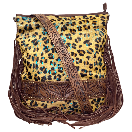 Cheetah with Turquoise Fringe Messenger Bag