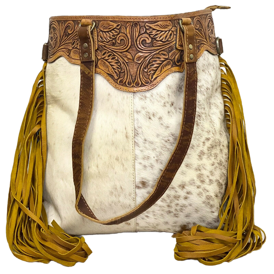 Load image into Gallery viewer, American Darling White and Brown Cowhide Fringe Purse ADBGZ166
