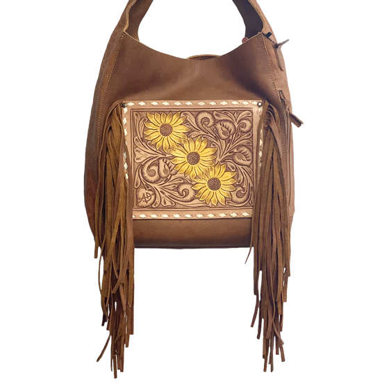 American Darling Brown Leather Sunflower With Fringe Purse ADBG622A