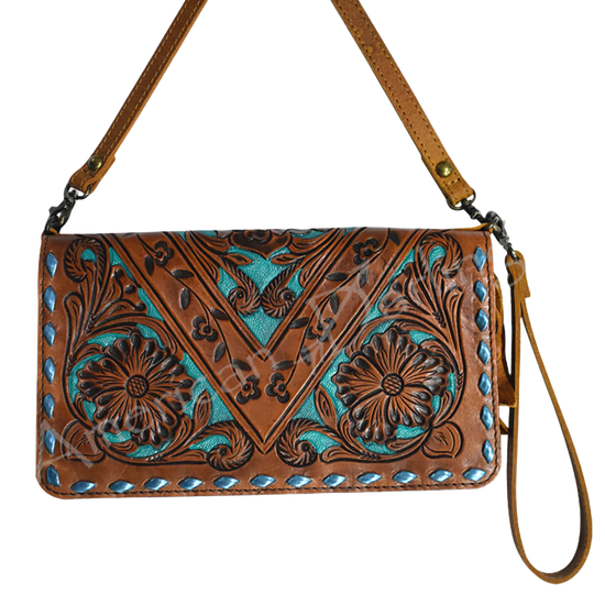 Load image into Gallery viewer, American Darling® Floral Embossed Turquoise &amp;amp; Brown Bag ADBG485BR
