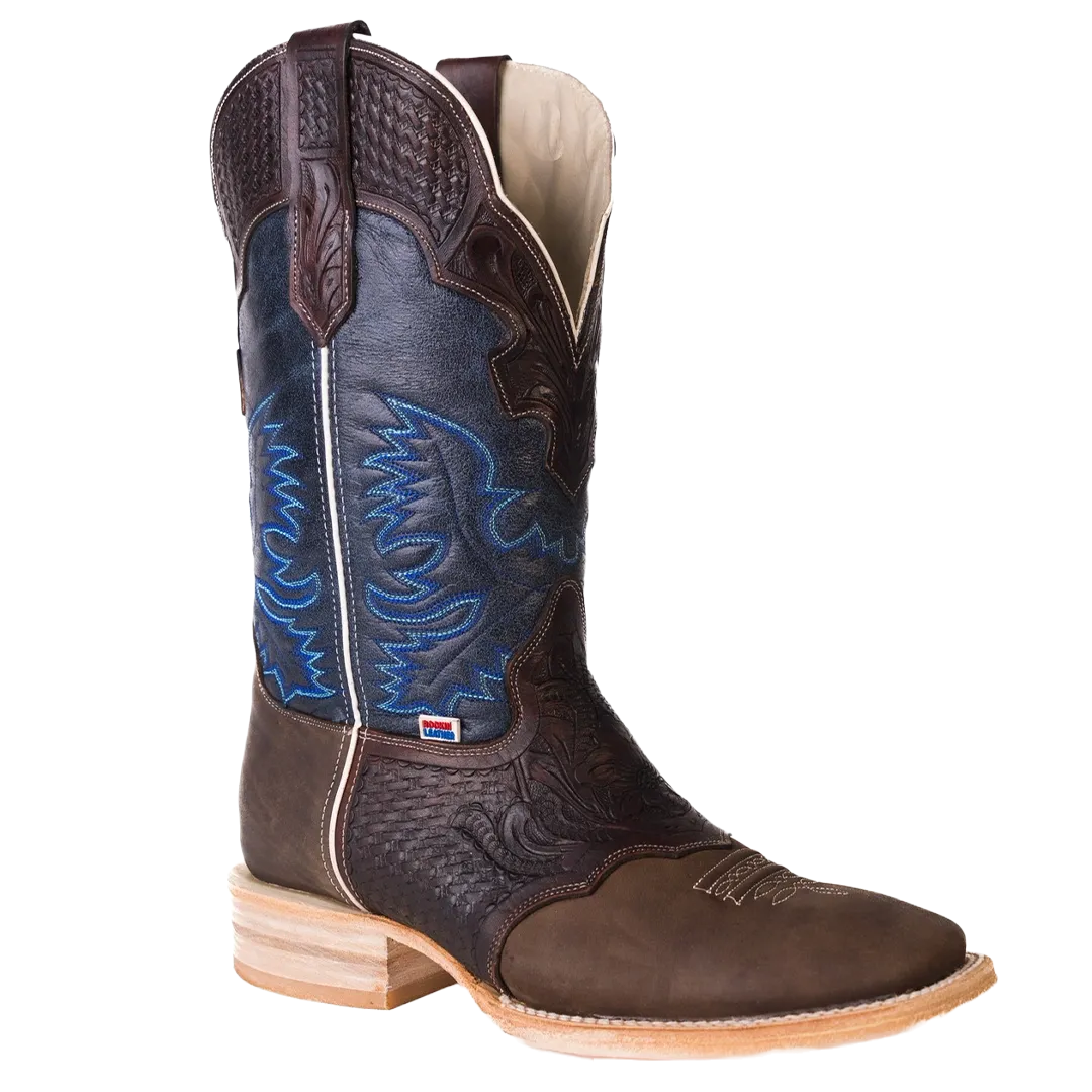 Rockin Leather Men's Navy/Brown Tooled Overlay Boots 1101