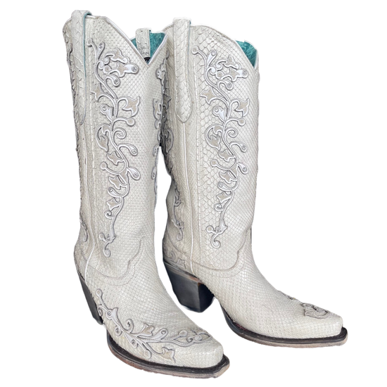 Corral® Ladies "Anna" White Python Overlay & Embroidery Wedding Boots A4357