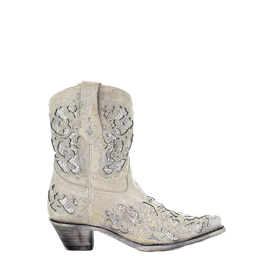 Corral Ladies Mariah White Glitter Inlay & Crystals Ankle Boots A3550