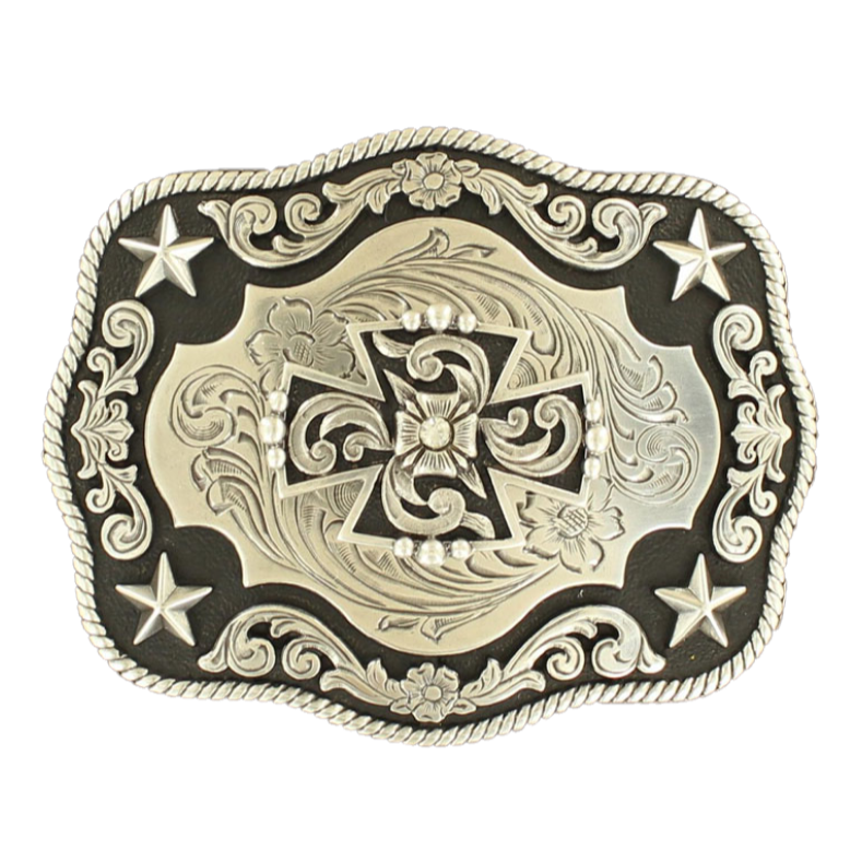 Nocona Unisex Rectangle Silver Cross Stars Belt Buckle 37704