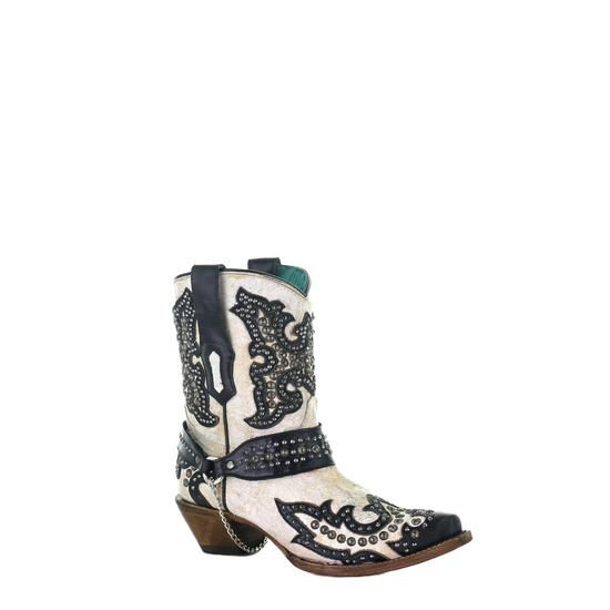 Corral Ladies White With Black Overlay Embroidery & Stud Boots A3973