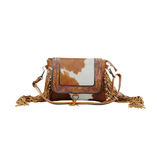 Myra Bag Ladies Rusty Handtooled Cowhide Fringed Purse S 6222