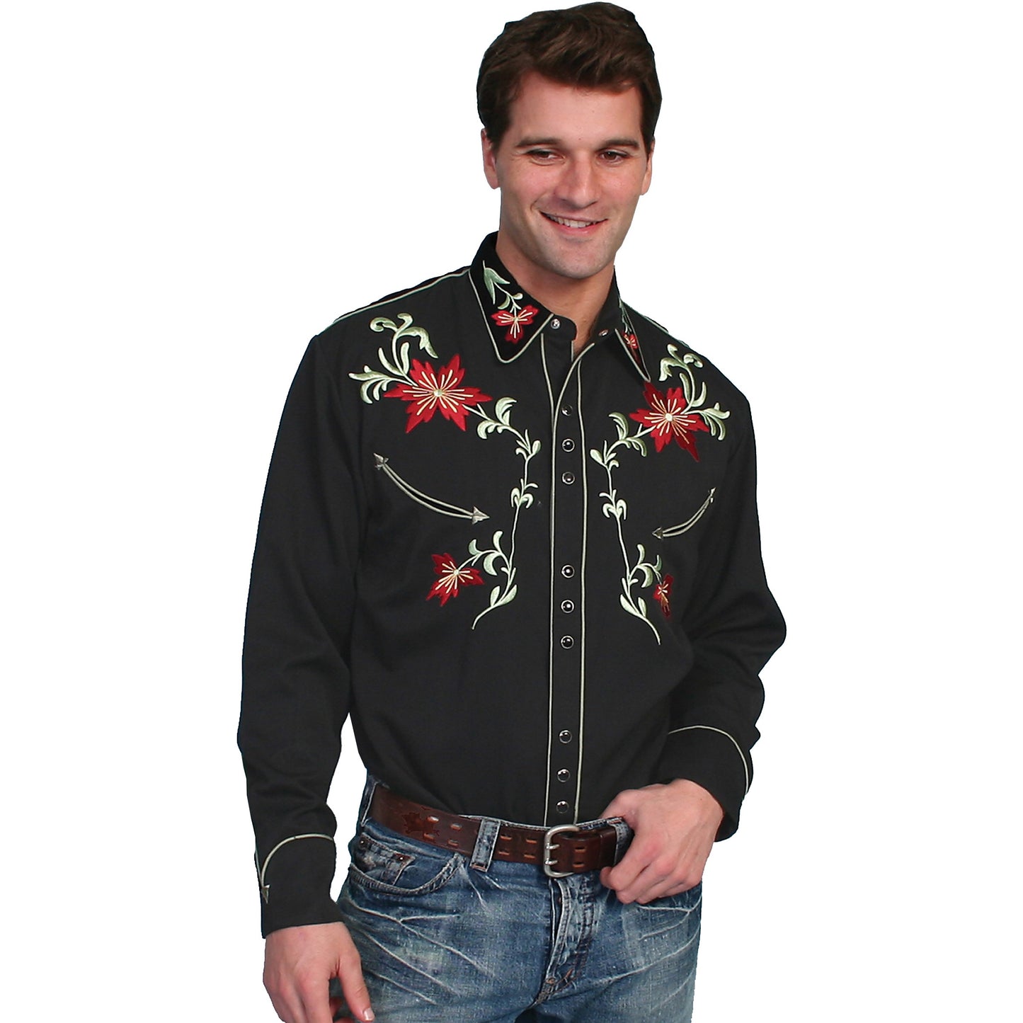 Scully Men's Floral Embroidery Black Snap Shirt P-633