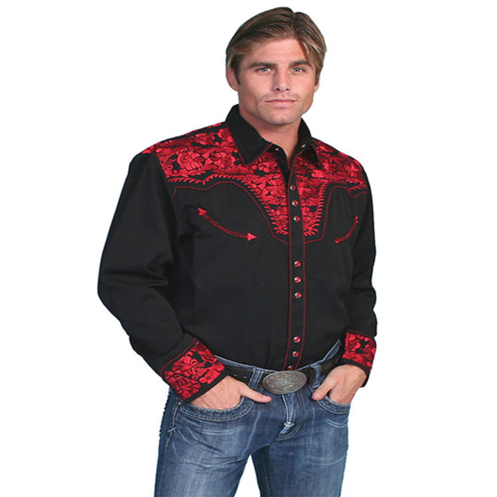 Scully® Men's Floral Tooled Embroidery Crimson Snap Shirt P-634-CRI