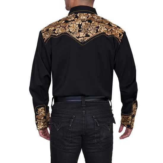 Scully Men's Floral Tooled Black and Gold Button Down Shirt P-634-GLD