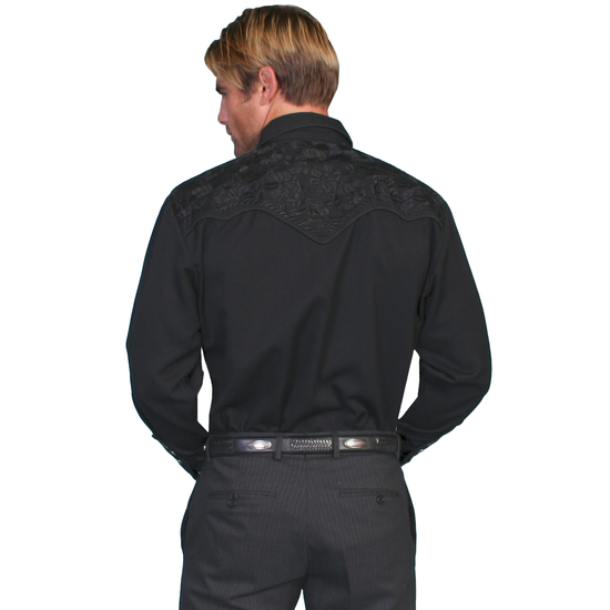 Scully Men's Floral Tooled Embroidery Jet Black Snap Shirt P-634-JET