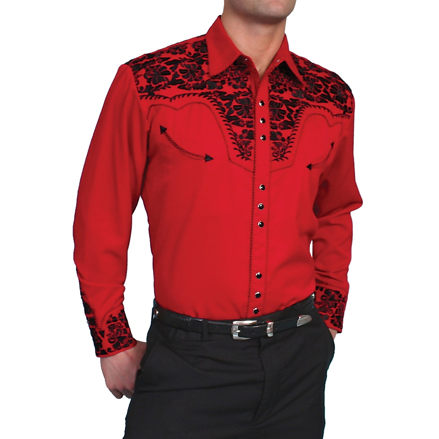Scully Men's Floral Tooled Red Button Down Shirt P-634-RED