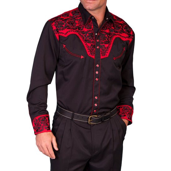Scully Men's Floral Tooled Black Button Down Shirt P-634-TOM