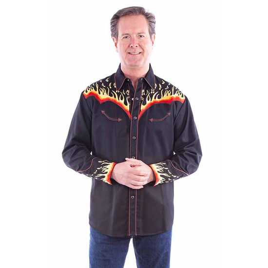 Scully Men's 'Flames To Notes' Embroidered Black Western Shirt P-826