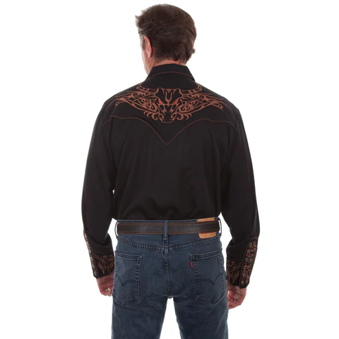 Scully® Men's Tribull Embroidered Black Western Snap Shirt P-884-BLK