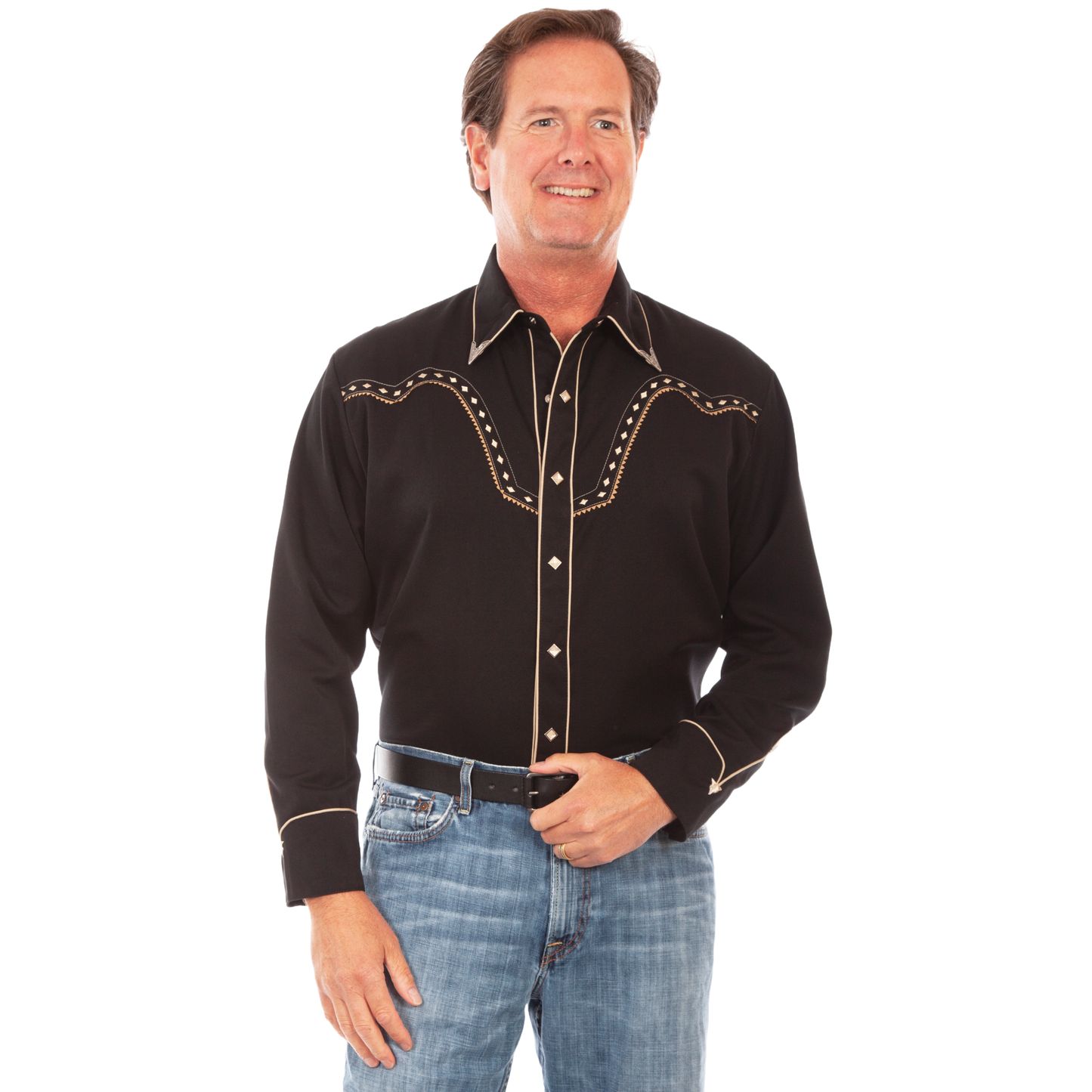 Scully Men's Studded Western Embroidered Black Snap Shirt P-898