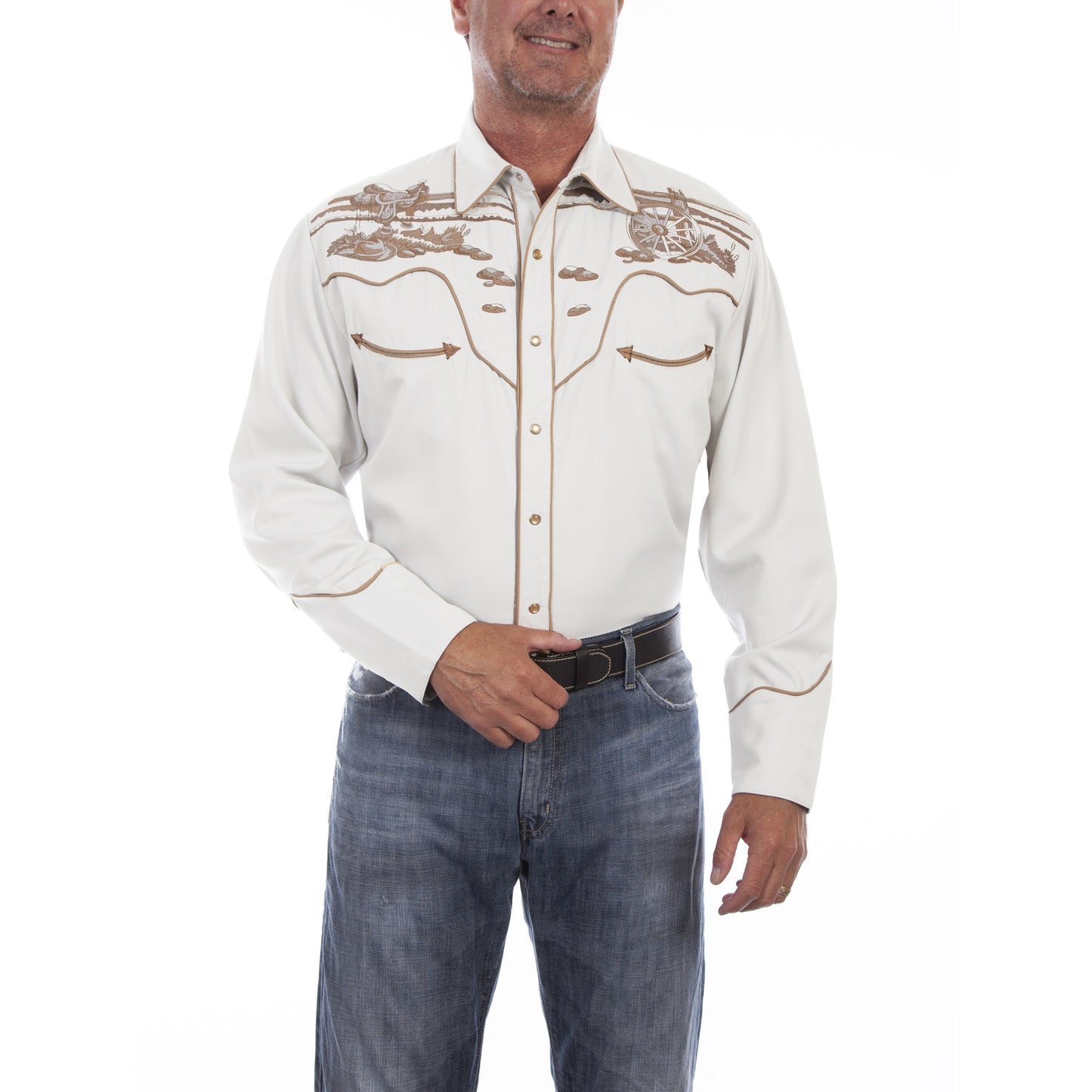 Scully Men's Wagon Wheel Western Embroidery White Stone Shirt P-902