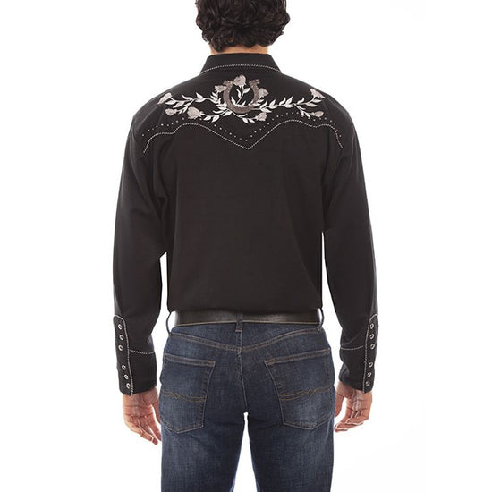 Scully Men's Horseshoe & Roses Embroidered Retro Snap Shirt P-910-BLK