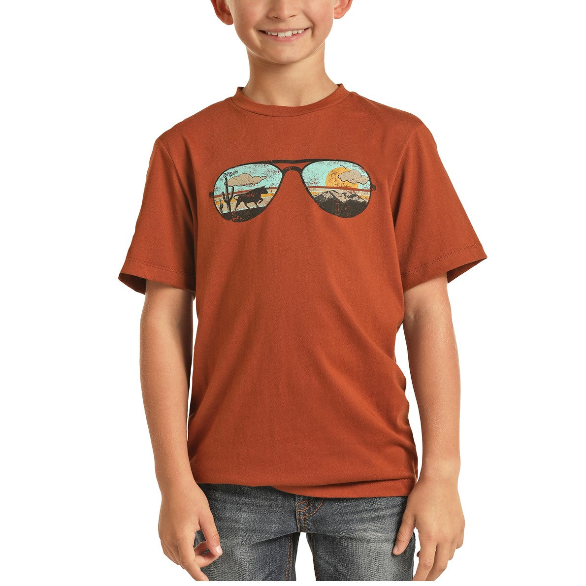 Rock & Roll Cowboy Children's Sunglass Graphic Rust Orange T-Shirt P3T1526