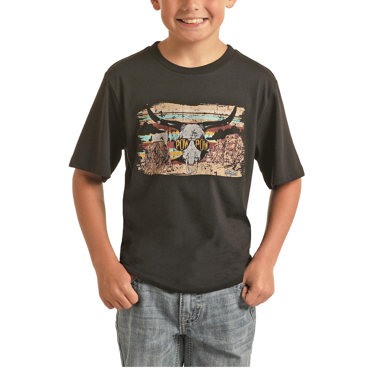 Rock & Roll Denim Boy's Pow Wow Bull Skull Print Black T-Shirt P3T3361
