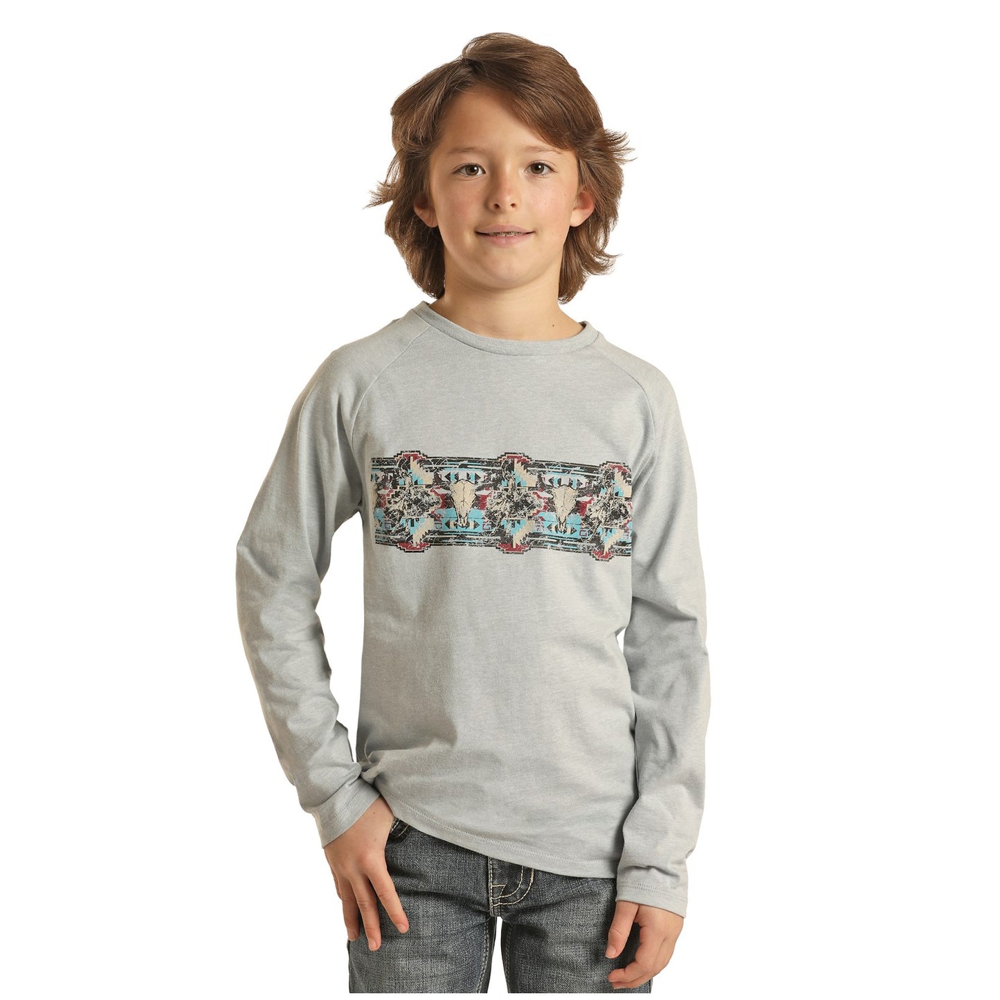 Rock & Roll Denim Boy's Aztec Graphic Grey Long Sleeve T-Shirt P4T2612