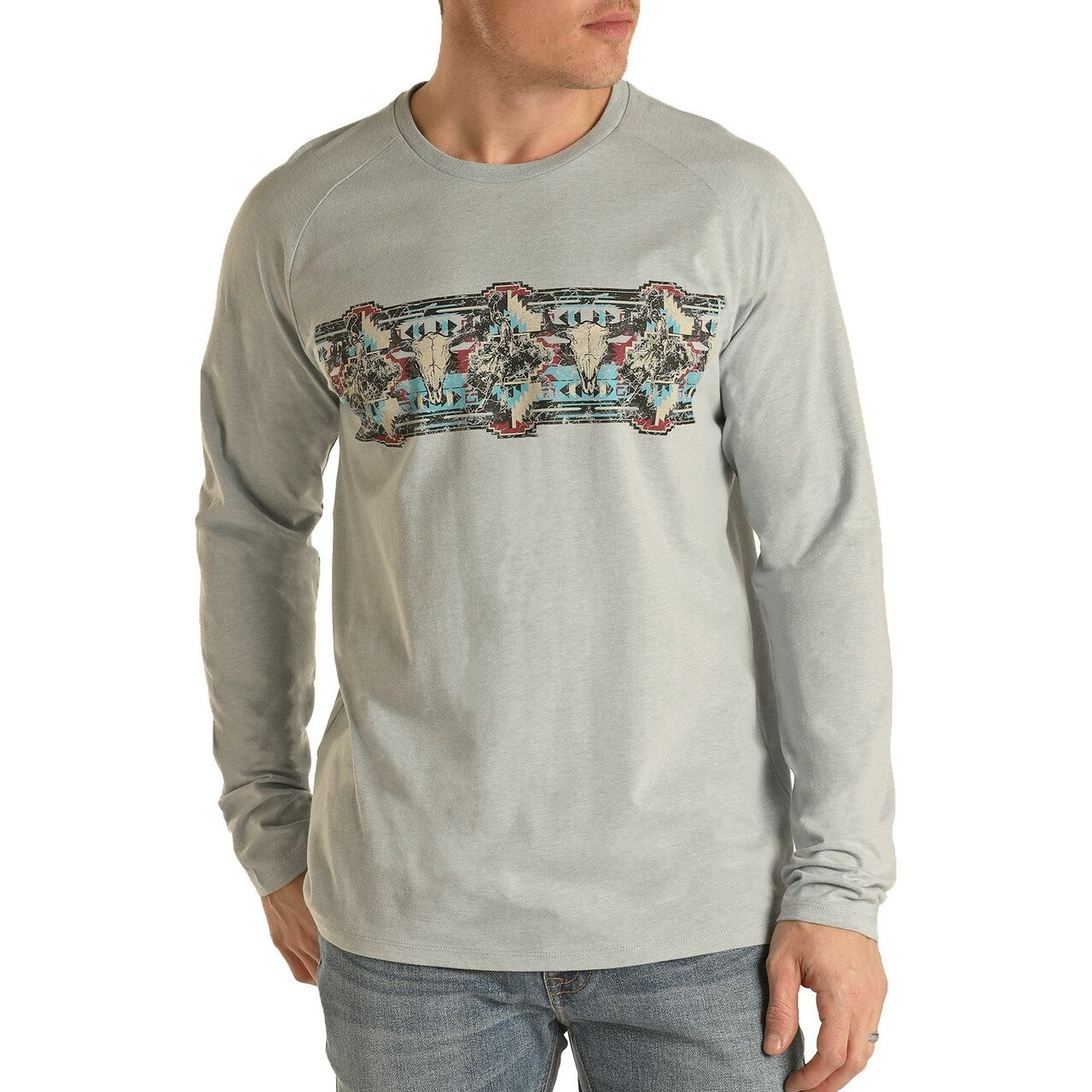 Rock & Roll Denim Men's Long Sleeve Aztec Graphic Grey T-Shirt P8-2612
