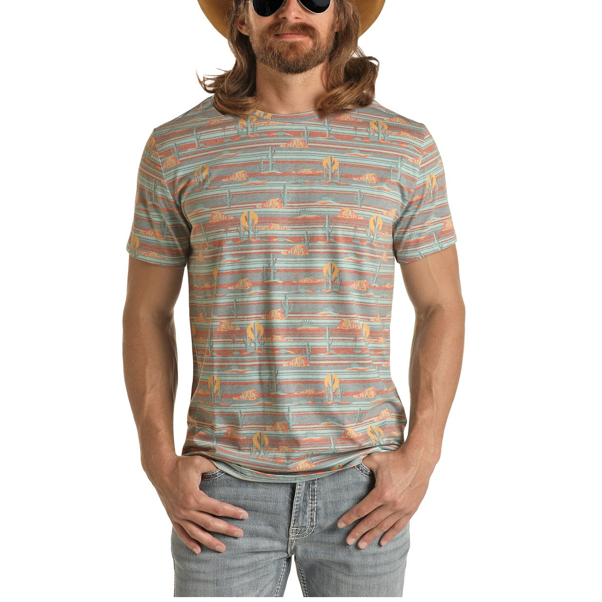 Rock & Roll Denim Men's Cactus Sunset Print Multi-Color T-shirt P9-3369