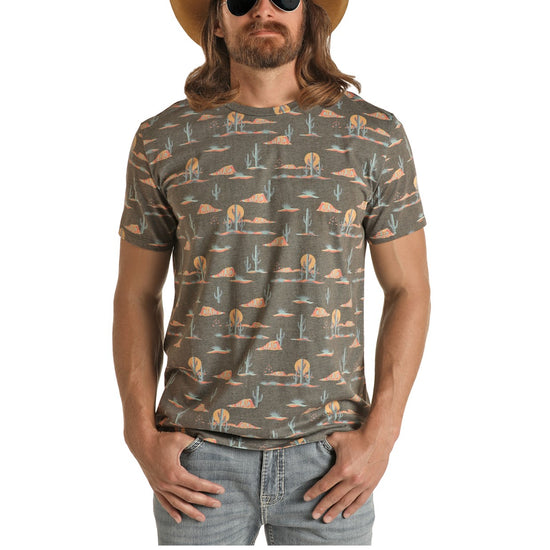 Rock & Roll Cowboy® Men's Cactus Sunset Print Black T-shirt P9-3370