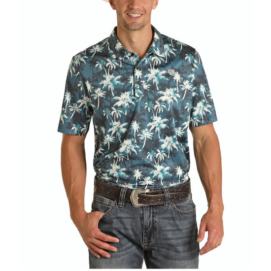 Rock & Roll Cowboy Men's Tropical Print Polo Cool Blue Shirt P9P9309