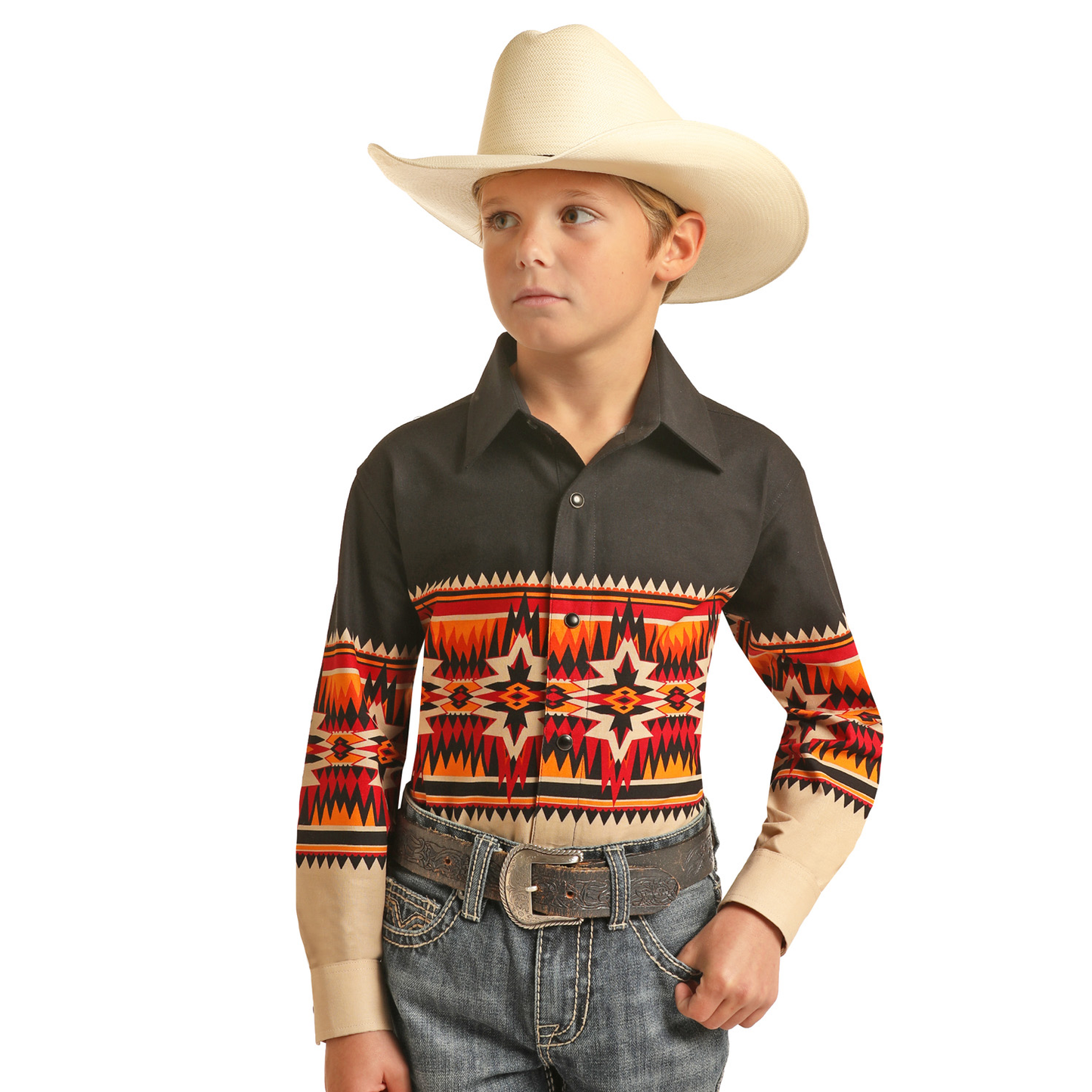 Panhandle® Youth Boy's Black Aztec Border Snap Up Shirt PHBSOSRZ5W-01
