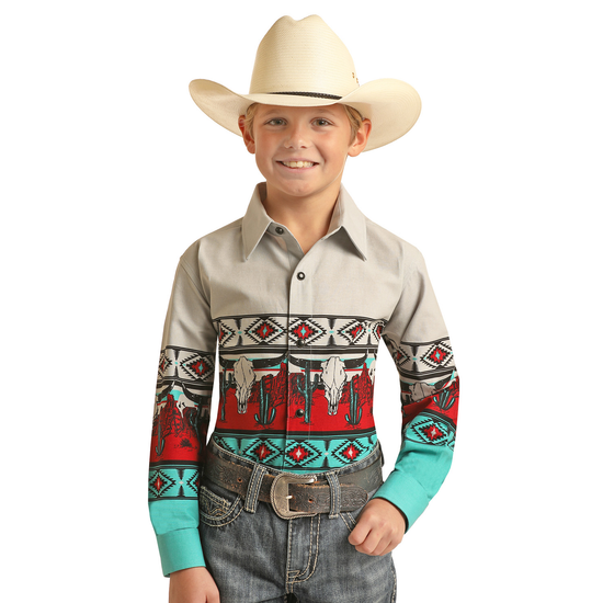 Panhandle® Youth Boy's Silver Aztec Button Down Shirt PHBSOSRZ5X-09