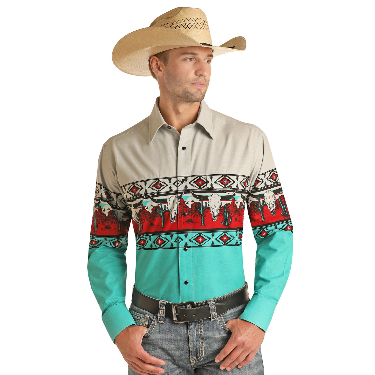 Panhandle® Men's Silver Aztec Border Snap Down Shirt PHMSOSRZ5X-09