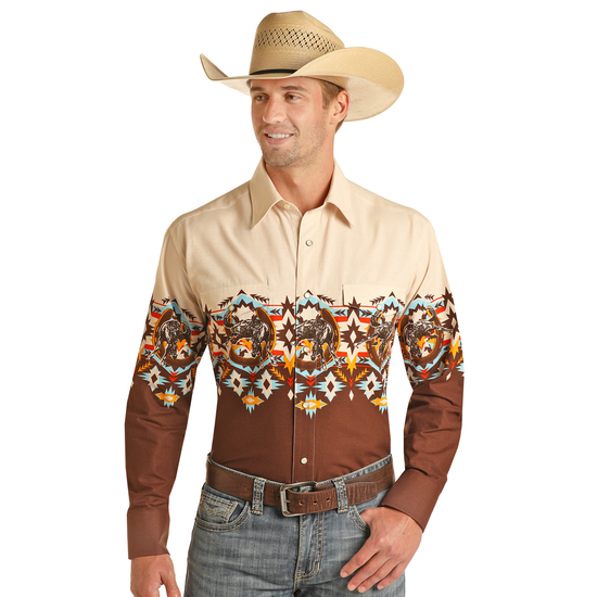 Panhandle® Men's Aztec Border Natural Button Down Shirt PHMSOSRZ5Y-12
