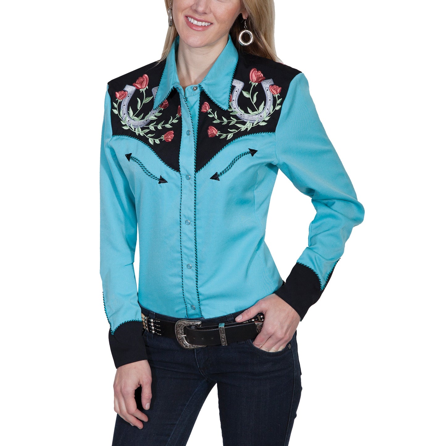 Scully Ladies Horseshoe Button Down Turquoise Shirt PL-637-TUR