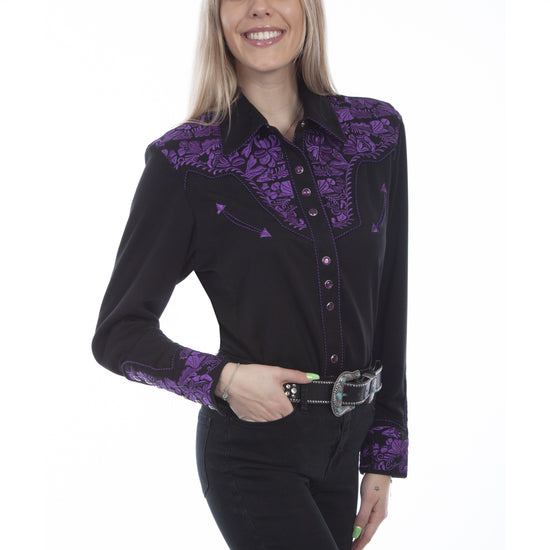 Scully Ladies Purple Floral Embroidery Western Snap Shirt PL-654-PUR