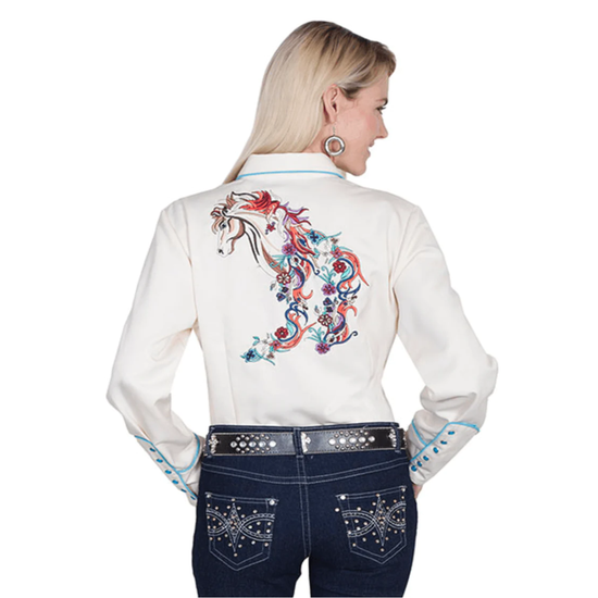 Scully® Ladies Cream Colorful Embroidery Horse Button Up Shirt PL-856C