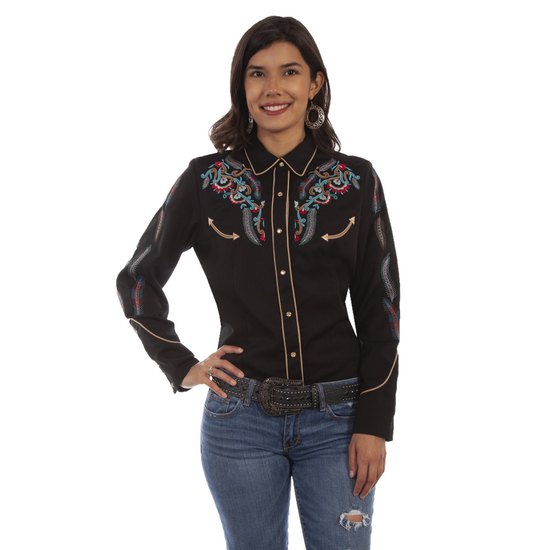 Scully® Ladies Floral Embroidered Black Button Down Shirt PL-878